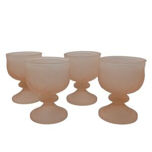 Vintage Frosted Tiara Pink Pressed Glass Stem Goblets Glasses Set of Four 1980s